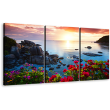 Load image into Gallery viewer, Koh Samui Wall Art, Blue Tranquil Beach Multi Canvas, Yellow Cloudy Sky Red Flowers Ocean Mountains 3 Piece Canvas Print
