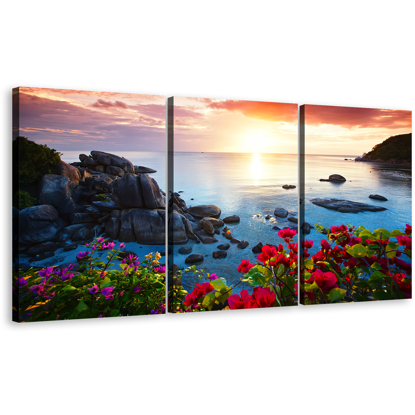 Koh Samui Wall Art, Blue Tranquil Beach Multi Canvas, Yellow Cloudy Sky Red Flowers Ocean Mountains 3 Piece Canvas Print