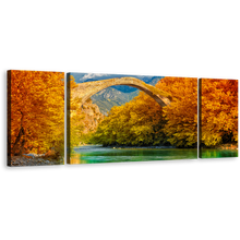 Load image into Gallery viewer, Konitsa Bridge Canvas Print, Orange Greece Blossom Trees Canvas Set, Green Aoos River Landscape 3 Piece Wall Art
