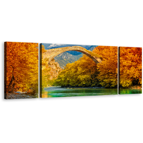 Konitsa Bridge Canvas Print, Orange Greece Blossom Trees Canvas Set, Green Aoos River Landscape 3 Piece Wall Art