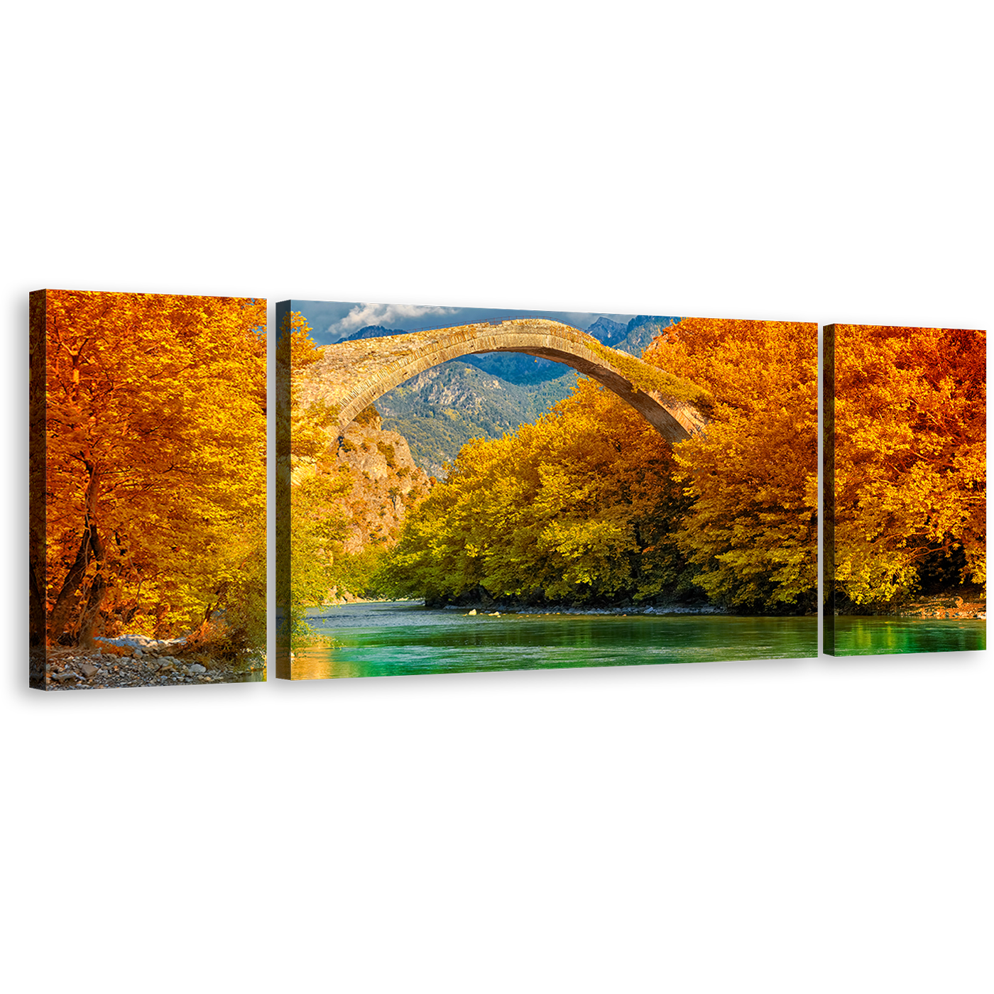 Konitsa Bridge Canvas Print, Orange Greece Blossom Trees Canvas Set, Green Aoos River Landscape 3 Piece Wall Art