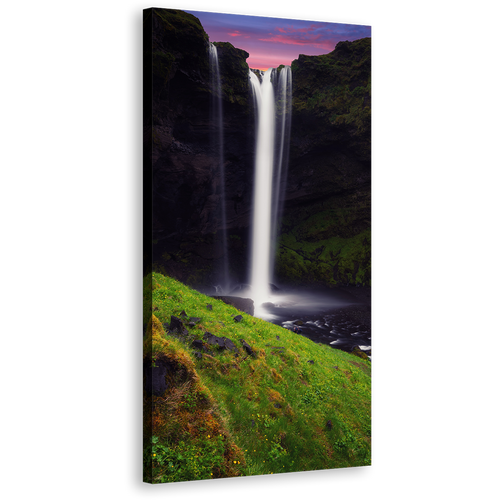 Kvernufoss Waterfall Canvas Wall Art, Amazing White Iceland Falls Canvas Artwork, Green Mountain Waterfall Vertical Canvas Print