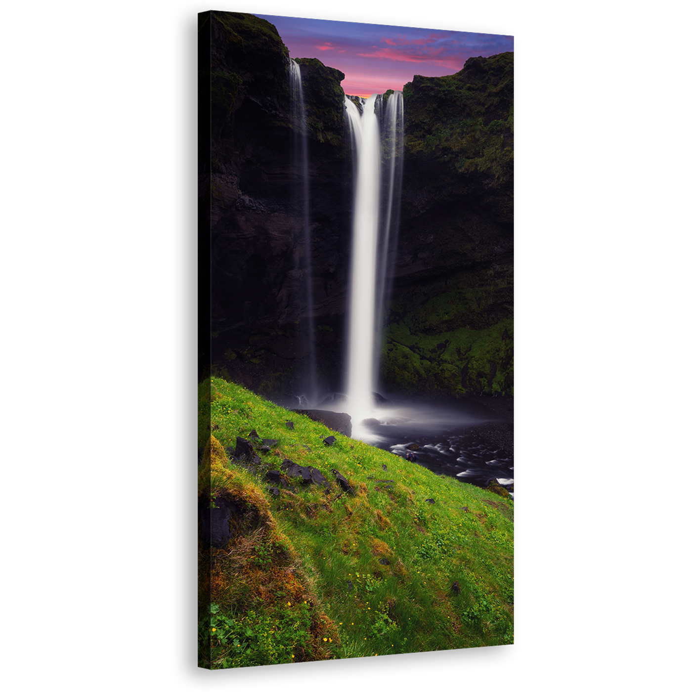 Kvernufoss Waterfall Canvas Wall Art, Amazing White Iceland Falls Canvas Artwork, Green Mountain Waterfall Vertical Canvas Print