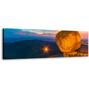 Kyaiktiyo Pagoda Canvas Wall Art, Treasure of Buddhism Blue Landscape 1 Piece Canvas, Orange Rock Myanmar Scene View Canvas Print