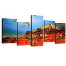 Load image into Gallery viewer, Kyoto City Canvas Print, Orange Kiyomizu Dera Japan Temple 5 Piece Canvas Wall Art, Red Maple Tree Multi Canvas Artwork
