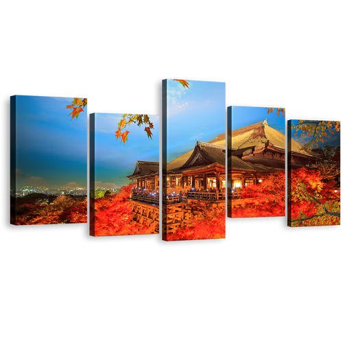 Kyoto City Canvas Print, Orange Kiyomizu Dera Japan Temple 5 Piece Canvas Wall Art, Red Maple Tree Multi Canvas Artwork