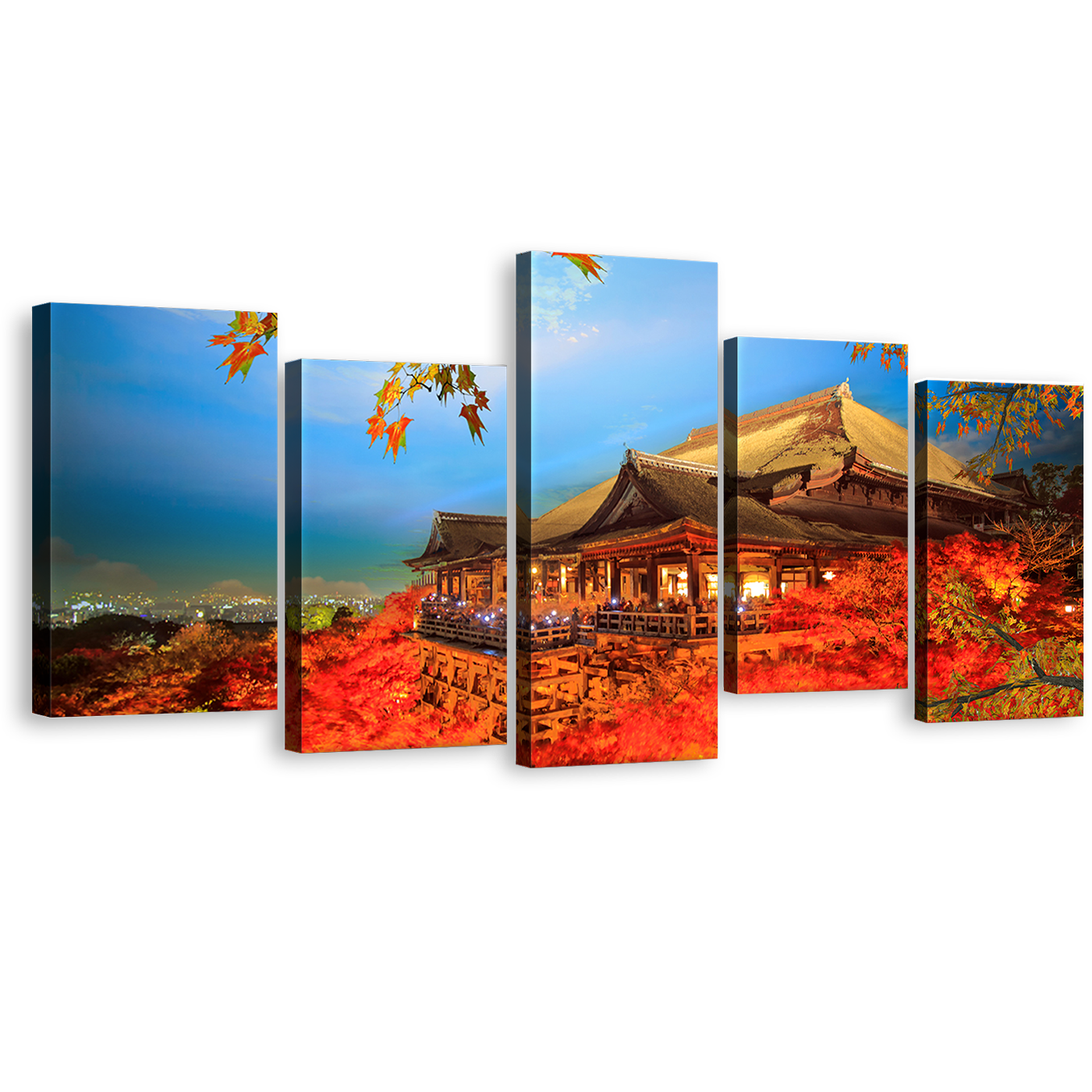 Kyoto City Canvas Print, Orange Kiyomizu Dera Japan Temple 5 Piece Canvas Wall Art, Red Maple Tree Multi Canvas Artwork