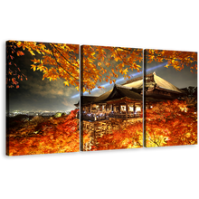 Load image into Gallery viewer, Kyoto City Canvas Wall Art, Kiyomizu Dera 3 Piece Canvas Set, Beautiful Red Japan Temple Canvas Print, Evening Grey Sky Maple Tree Multi Canvas Artwork
