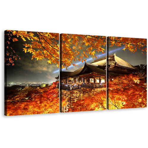 Kyoto City Canvas Wall Art, Kiyomizu Dera 3 Piece Canvas Set, Beautiful Red Japan Temple Canvas Print, Evening Grey Sky Maple Tree Multi Canvas Artwork