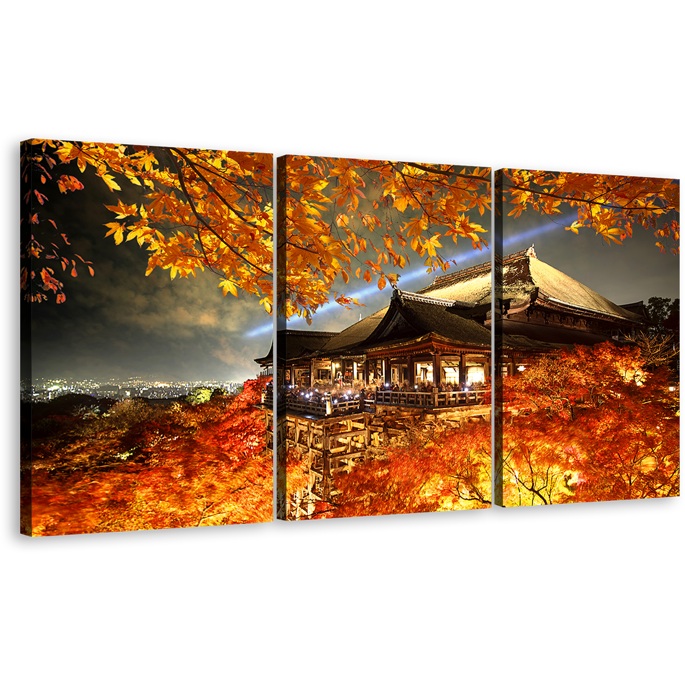 Kyoto City Canvas Wall Art, Kiyomizu Dera 3 Piece Canvas Set, Beautiful Red Japan Temple Canvas Print, Evening Grey Sky Maple Tree Multi Canvas Artwork