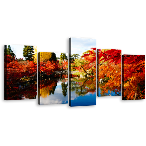 Kyoto Japan Canvas Wall Art, Red Fall Foliage Hojo Pond Canvas Set, Autumn Illumination Blue Sky 5 Piece Multi Canvas, Beautiful Blossom Eikando Temple Canvas Print