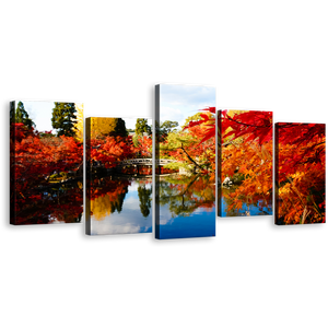 Kyoto Japan Canvas Wall Art, Red Fall Foliage Hojo Pond Canvas Set, Autumn Illumination Blue Sky 5 Piece Multi Canvas, Beautiful Blossom Eikando Temple Canvas Print