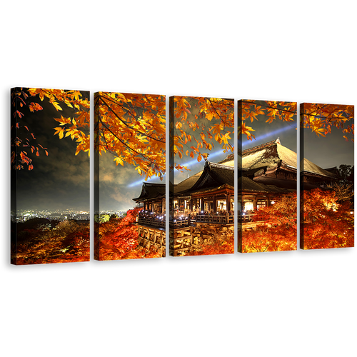 Kyoto Temples Canvas Wall Art, Evening Grey Sky Maple Tree Canvas Print, Japan Red Kiyomizu Dera 5 Piece Canvas Set