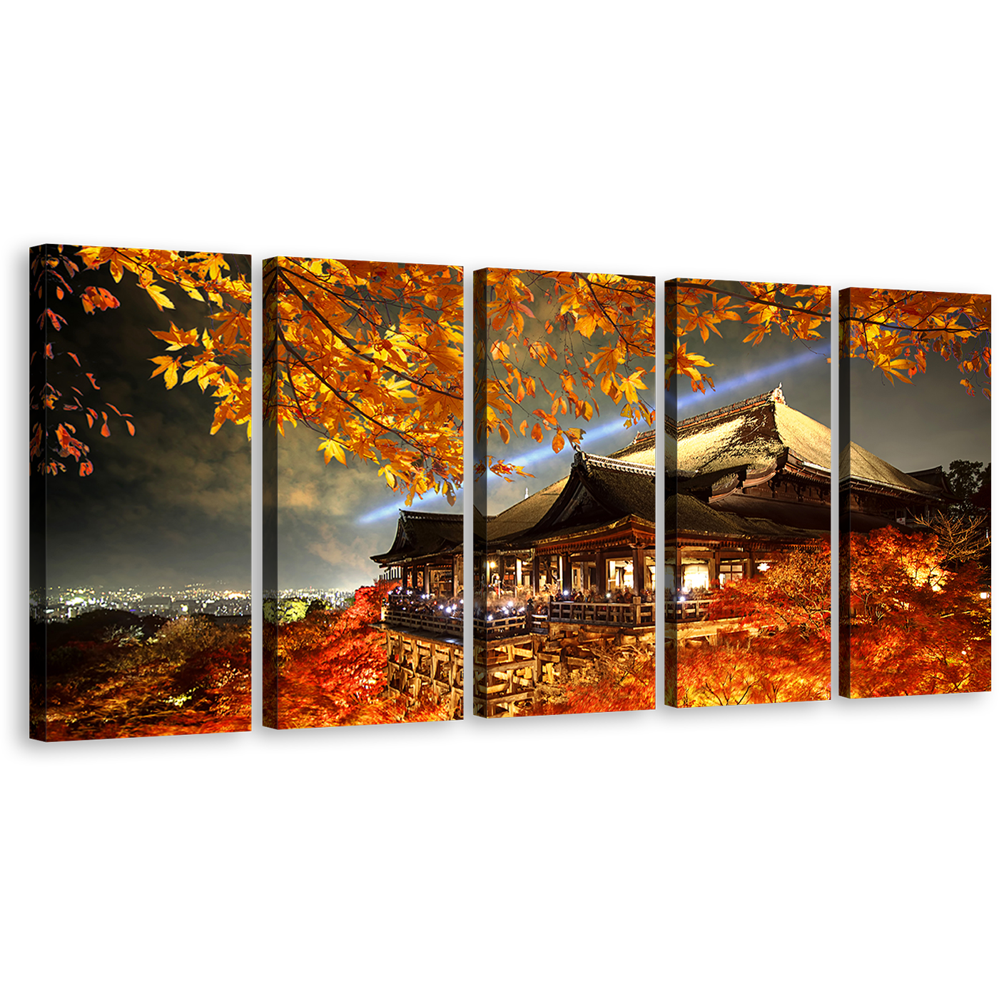 Kyoto Temples Canvas Wall Art, Evening Grey Sky Maple Tree Canvas Print, Japan Red Kiyomizu Dera 5 Piece Canvas Set