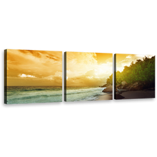 Load image into Gallery viewer, La Digue Island Canvas Wall Art, Yellow Seychelles Beach Sky 3 Piece Canvas Print, Green Ocean Beach Island Triptych Canvas Set
