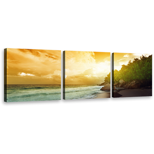 La Digue Island Canvas Wall Art, Yellow Seychelles Beach Sky 3 Piece Canvas Print, Green Ocean Beach Island Triptych Canvas Set