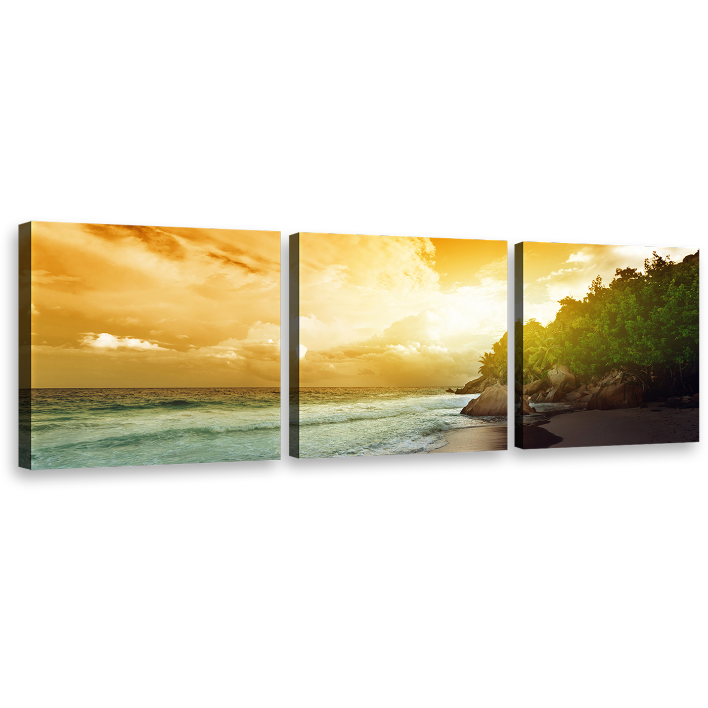 La Digue Island Canvas Wall Art, Yellow Seychelles Beach Sky 3 Piece Canvas Print, Green Ocean Beach Island Triptych Canvas Set