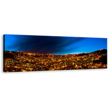 Load image into Gallery viewer, La Paz Wall Art, Gold City Lights Bolivia Panoramic Canvas Print, Blue Sky City Mountains 1 Piece Canvas Art
