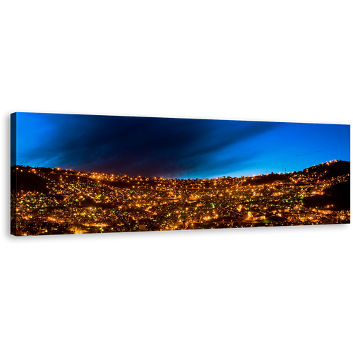 La Paz Wall Art, Gold City Lights Bolivia Panoramic Canvas Print, Blue Sky City Mountains 1 Piece Canvas Art