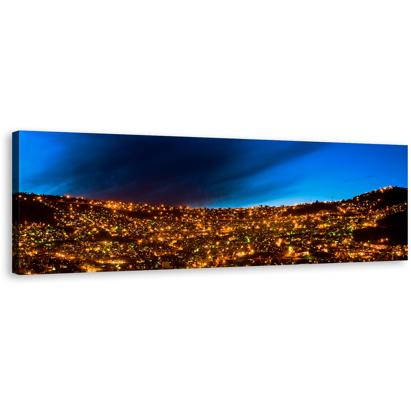 La Paz Wall Art, Gold City Lights Bolivia Panoramic Canvas Print, Blue Sky City Mountains 1 Piece Canvas Art