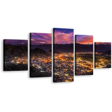 Load image into Gallery viewer, Ladakh City Canvas Wall Art, India Mountains Yellow City Lights Multiple Canvas, Blue Sky Cityscape 5 Piece Canvas Print
