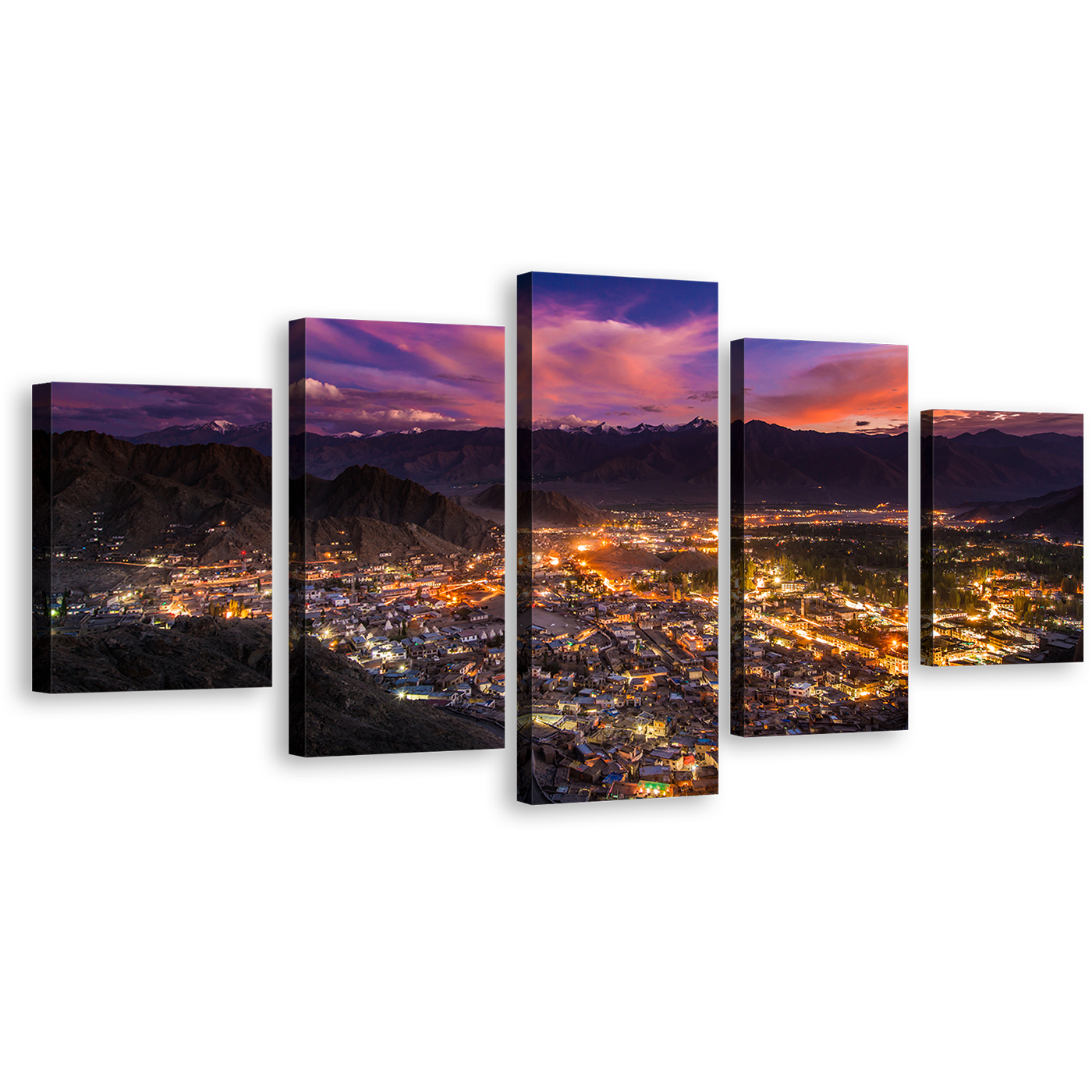 Ladakh City Canvas Wall Art, India Mountains Yellow City Lights Multiple Canvas, Blue Sky Cityscape 5 Piece Canvas Print