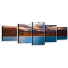 Load image into Gallery viewer, Ladakh Mountains Canvas Wall Art, Cloudy Brown Ocean Mountains 5 Piece Canvas Print, Blue Pangong Tso Lake Multi Canvas Artwork, Jammu Kashmir Mountain Scenery Split Canvas
