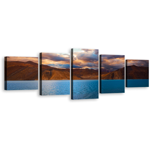 Ladakh Mountains Canvas Wall Art, Cloudy Brown Ocean Mountains 5 Piece Canvas Print, Blue Pangong Tso Lake Multi Canvas Artwork, Jammu Kashmir Mountain Scenery Split Canvas