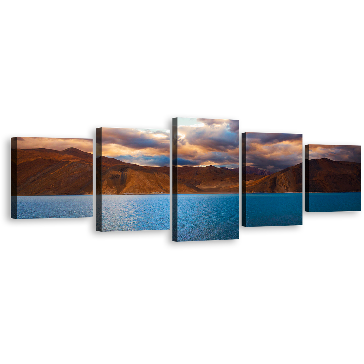 Ladakh Mountains Canvas Wall Art, Cloudy Brown Ocean Mountains 5 Piece Canvas Print, Blue Pangong Tso Lake Multi Canvas Artwork, Jammu Kashmir Mountain Scenery Split Canvas