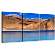 Load image into Gallery viewer, Ladakh Mountains Wall Art, Jammu Blue Pangong Tso Lake 3 Piece Canvas Print, Brown Ocean Mountains Multiple Canvas
