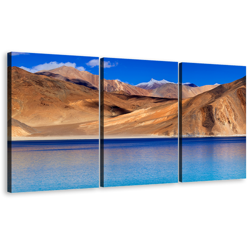 Ladakh Mountains Wall Art, Jammu Blue Pangong Tso Lake 3 Piece Canvas Print, Brown Ocean Mountains Multiple Canvas