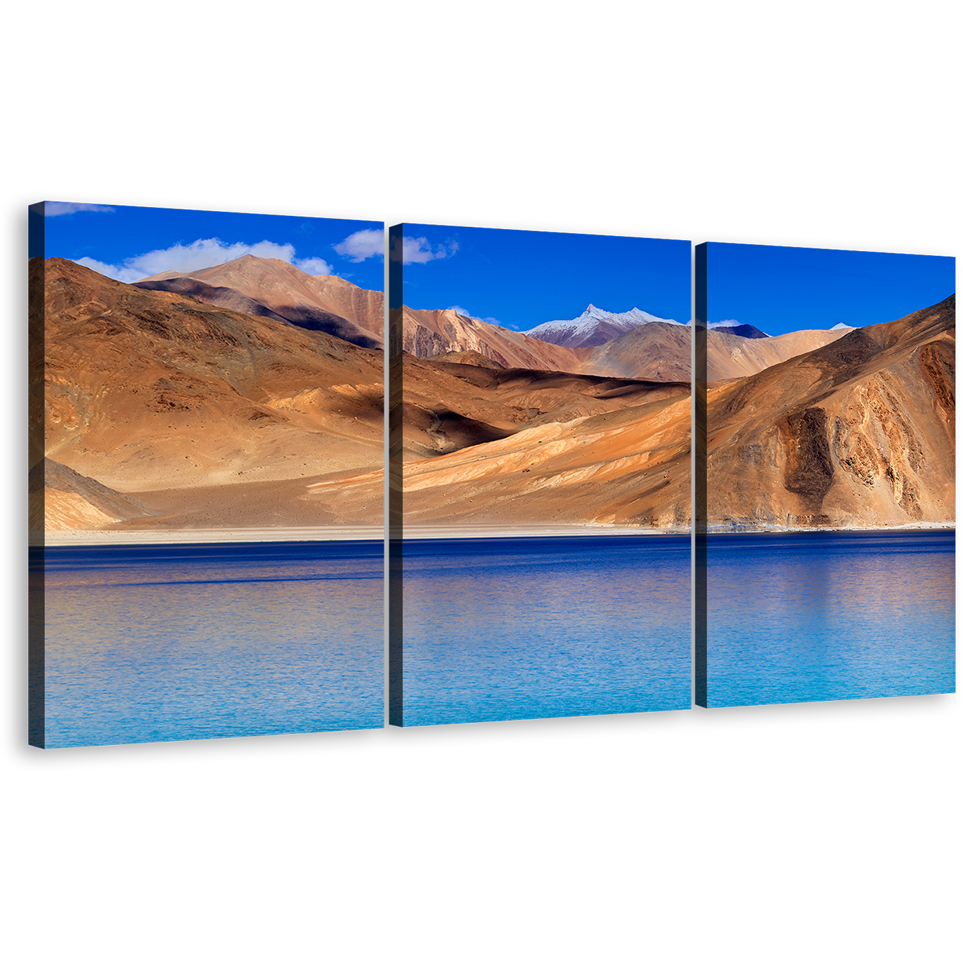 Ladakh Mountains Wall Art, Jammu Blue Pangong Tso Lake 3 Piece Canvas Print, Brown Ocean Mountains Multiple Canvas