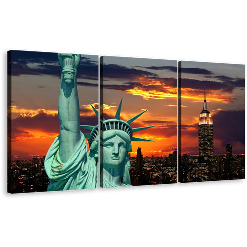 Lady Liberty Canvas Print, Green Statue of Liberty 3 Piece Canvas Wall Art, Orange New York City Twilight Triptych Canvas Set