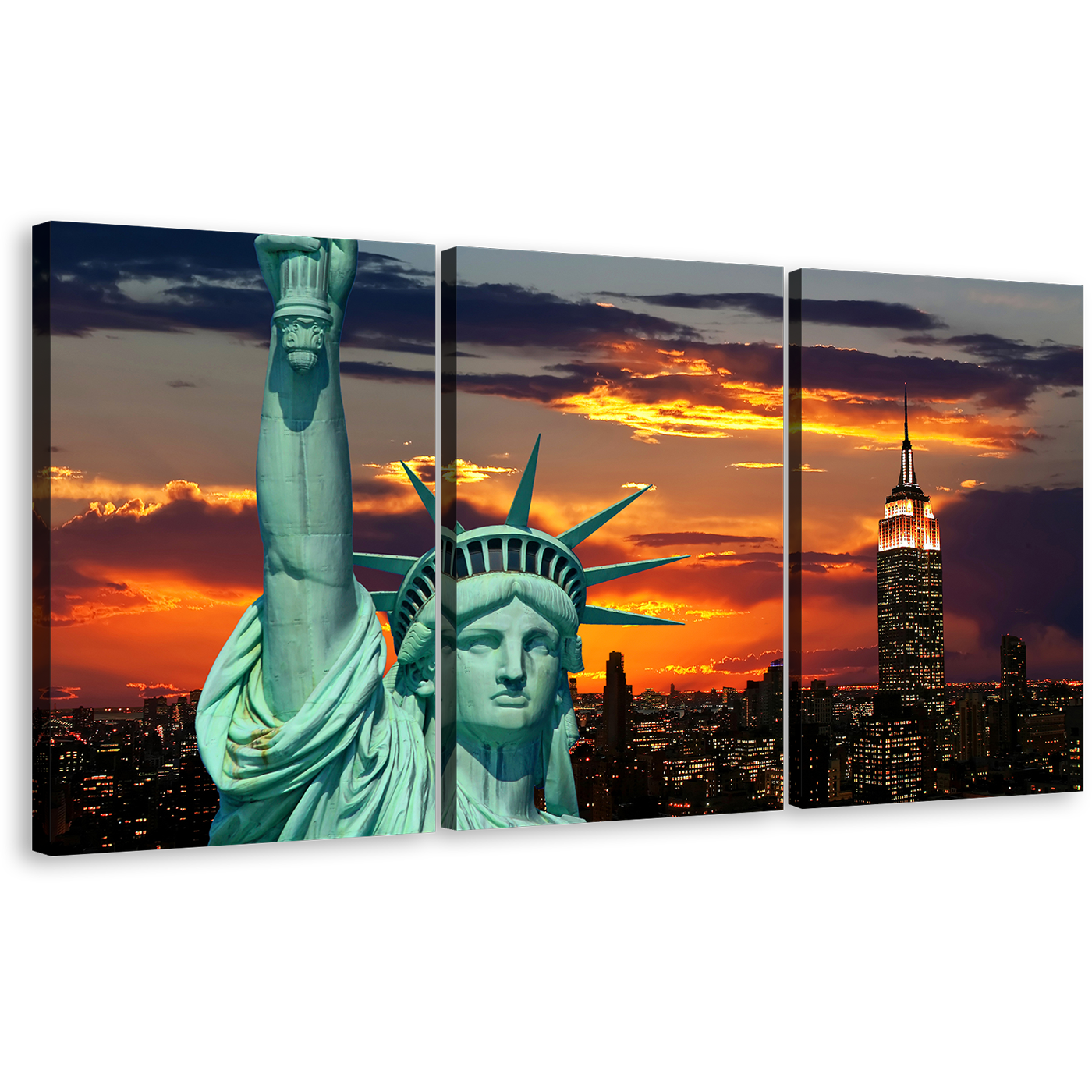 Lady Liberty Canvas Print, Green Statue of Liberty 3 Piece Canvas Wall Art, Orange New York City Twilight Triptych Canvas Set