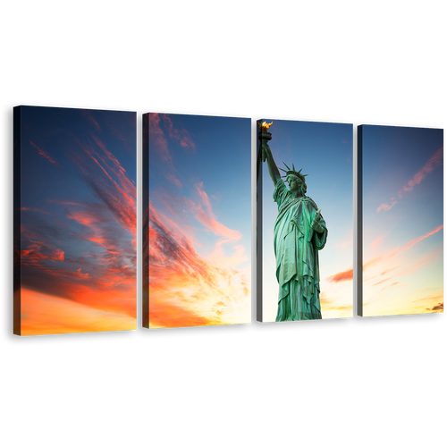 Lady Liberty Canvas Wall Art, New York Blue Sky Canvas Print, Statue of Liberty Green Monument 4 Piece Canvas