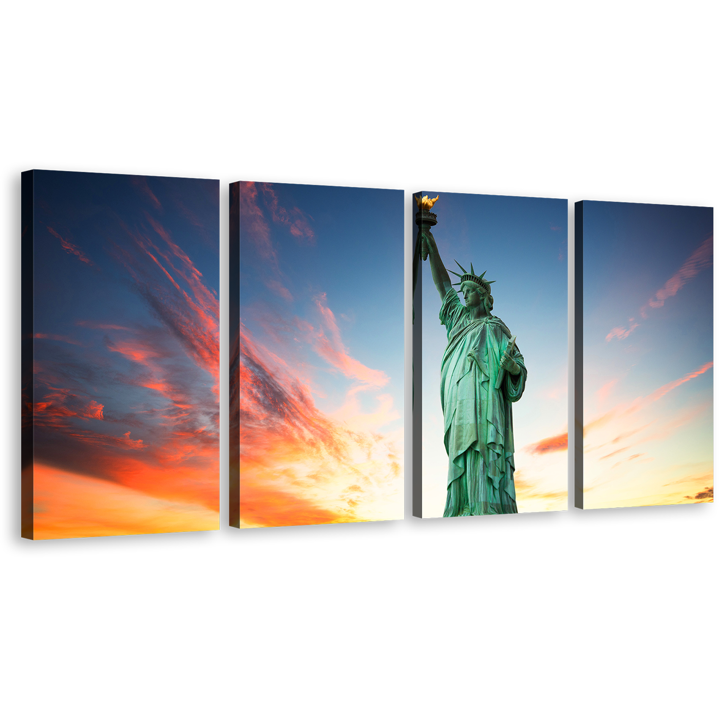 Lady Liberty Canvas Wall Art, New York Blue Sky Canvas Print, Statue of Liberty Green Monument 4 Piece Canvas