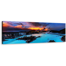 Load image into Gallery viewer, Lagoon Iceland Canvas Wall Art, Dramatic Yellow Orange Sunset Sky Panoramic Canvas Print, Blue Ocean Mountain Seascape Wide Canvas
