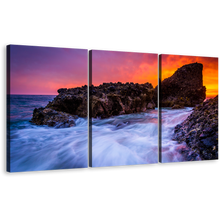 Load image into Gallery viewer, Laguna Beach Canvas Print, California Woods Cove Multiple Canvas, Brown Ocean Rocks Canvas Set, Orange Pacific Ocean Sunset 3 Piece Canvas Wall Art
