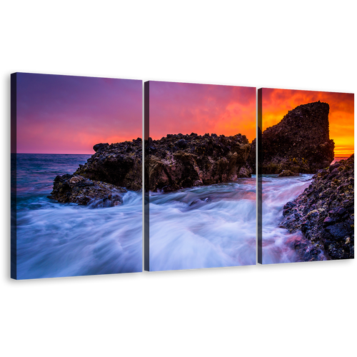 Laguna Beach Canvas Print, California Woods Cove Multiple Canvas, Brown Ocean Rocks Canvas Set, Orange Pacific Ocean Sunset 3 Piece Canvas Wall Art