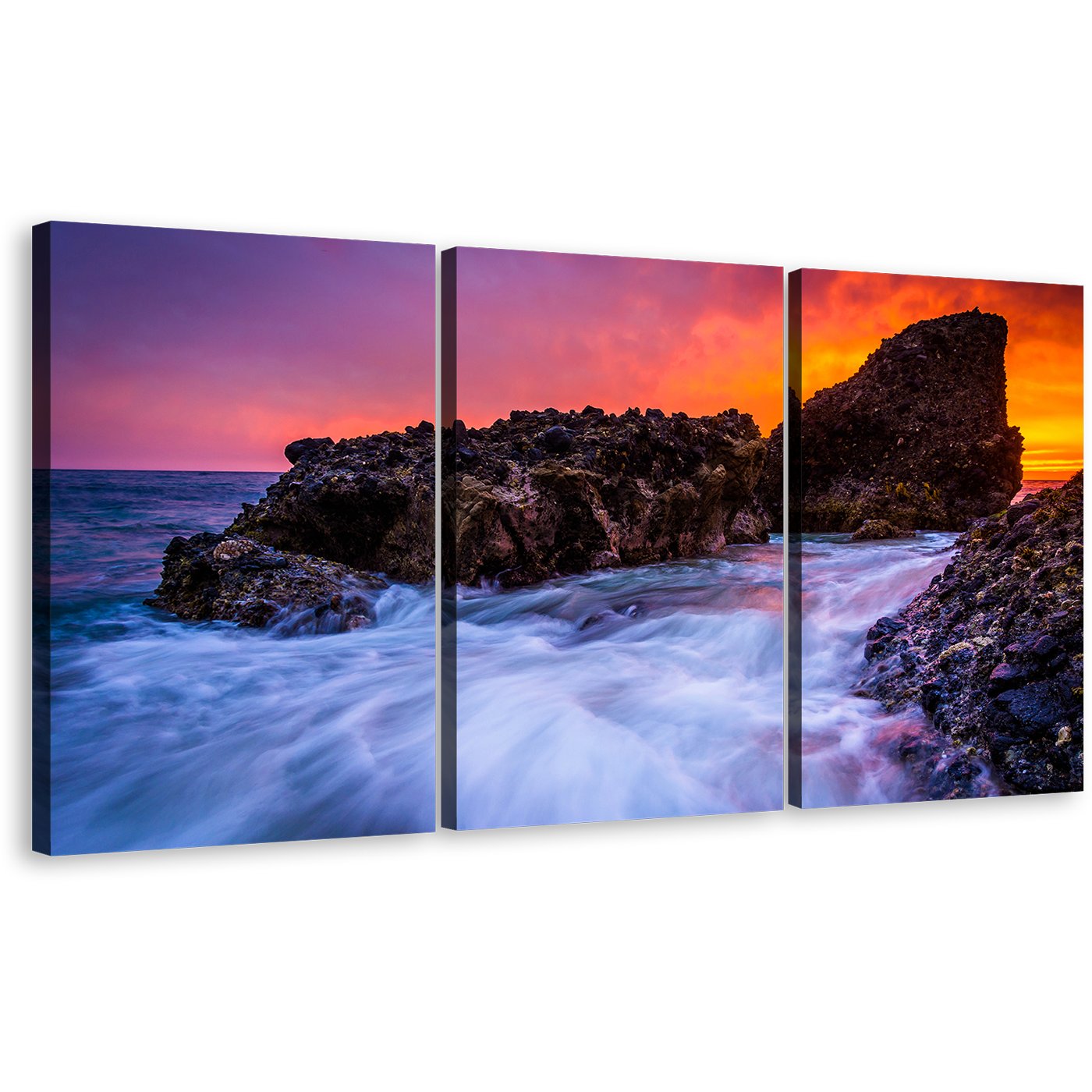 Laguna Beach Canvas Print, California Woods Cove Multiple Canvas, Brown Ocean Rocks Canvas Set, Orange Pacific Ocean Sunset 3 Piece Canvas Wall Art