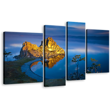 Load image into Gallery viewer, Lake Baikal Canvas Wall Art, Blue Beach Ocean Mountains 4 Piece Multi Canvas, Yellow Shaman Mountain Cliff Landscape Canvas Print
