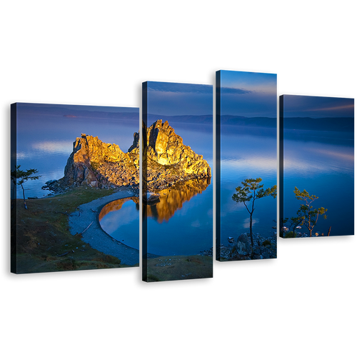 Lake Baikal Canvas Wall Art, Blue Beach Ocean Mountains 4 Piece Multi Canvas, Yellow Shaman Mountain Cliff Landscape Canvas Print