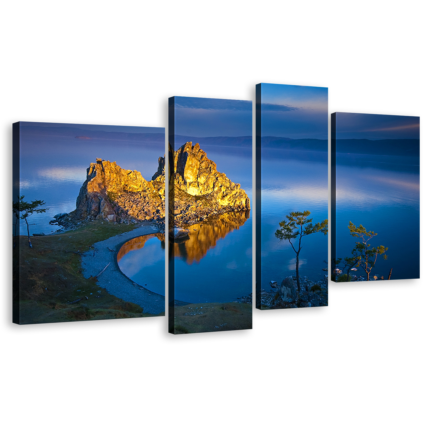 Lake Baikal Canvas Wall Art, Blue Beach Ocean Mountains 4 Piece Multi Canvas, Yellow Shaman Mountain Cliff Landscape Canvas Print