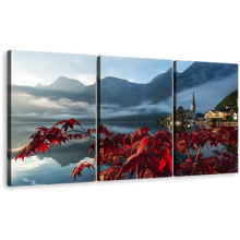 Load image into Gallery viewer, Lake Hallstatt Canvas Print, Grey Austria Landscape Wall Art, Red Flowers Focus Mountain River 3 Piece Canvas Set
