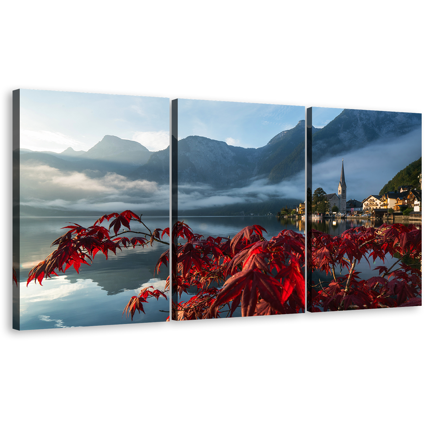 Lake Hallstatt Canvas Print, Grey Austria Landscape Wall Art, Red Flowers Focus Mountain River 3 Piece Canvas Set