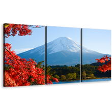 Load image into Gallery viewer, Lake Kawaguchiko Canvas Wall Art, Red Maple Trees Leaves Triptych Canvas Set, Mt.Fuji Autumn Multi Canvas, Blue Japan Lake Mountain 3 Piece Canvas Print
