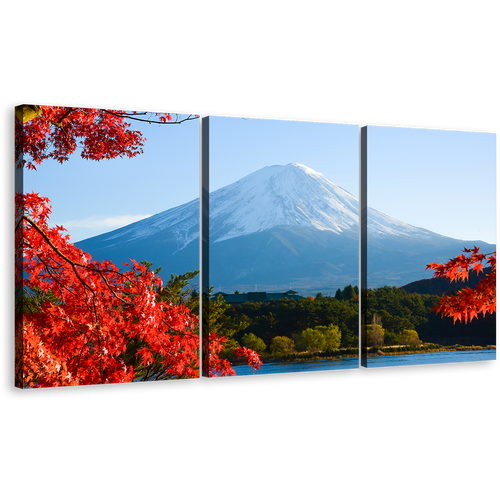 Lake Kawaguchiko Canvas Wall Art, Red Maple Trees Leaves Triptych Canvas Set, Mt.Fuji Autumn Multi Canvas, Blue Japan Lake Mountain 3 Piece Canvas Print