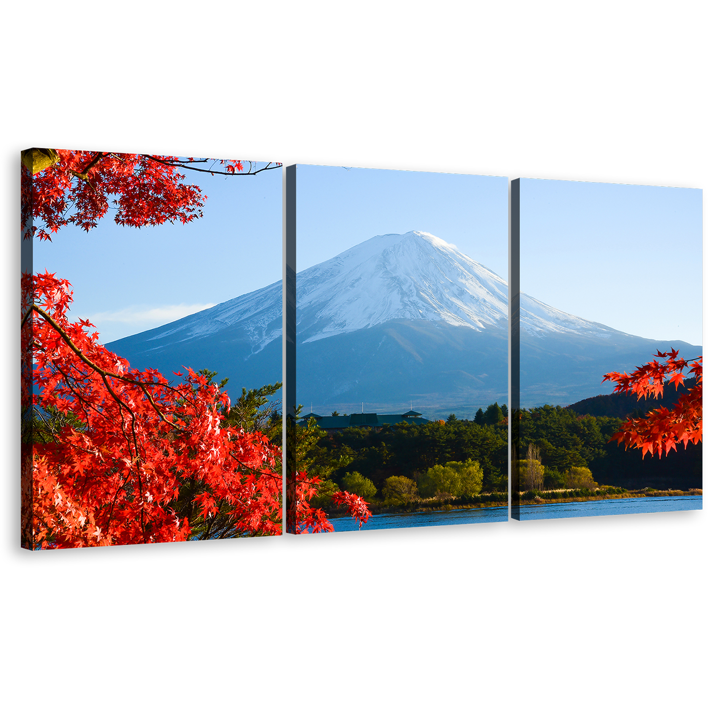 Lake Kawaguchiko Canvas Wall Art, Red Maple Trees Leaves Triptych Canvas Set, Mt.Fuji Autumn Multi Canvas, Blue Japan Lake Mountain 3 Piece Canvas Print