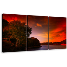 Load image into Gallery viewer, Lake Mountain Wall Art, Green Trees Mountain River Split Multi Canvas, Dramatic Red Clouds Sky Landscape 3 Piece Canvas Print
