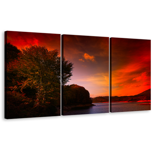 Lake Mountain Wall Art, Green Trees Mountain River Split Multi Canvas, Dramatic Red Clouds Sky Landscape 3 Piece Canvas Print